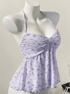 NWT Ditsy Floral Hollow V-Neck Sexy Backless Camisole Top Sweet Purple -medium